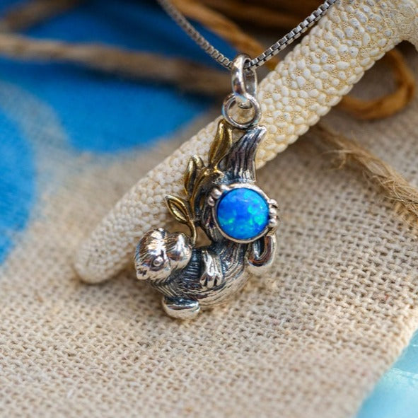Sea Otter Pendant Necklace with Gold and Blue Opal