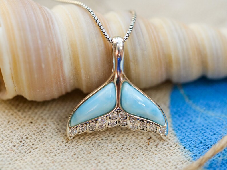 Whale Tail Pendant Necklace with Larimar