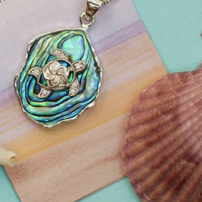 Abalone Shell Pendant Necklace with Sterling Silver Turtle and Black Spinel