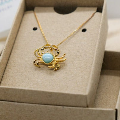 Golden Crab Pendant Necklace with Larimar