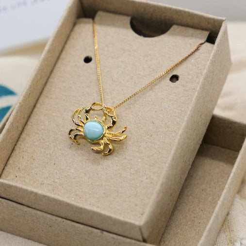 Golden Crab Pendant Necklace with Larimar
