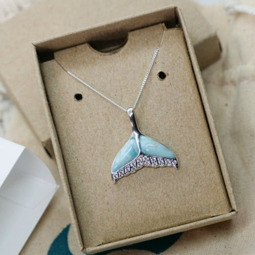 Whale Tail Pendant Necklace with Larimar
