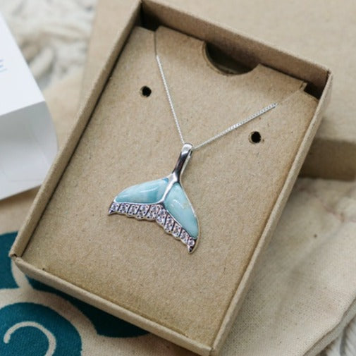 Whale Tail Pendant Necklace with Larimar