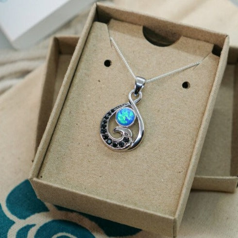 Ocean Wave Pendant Necklace with Blue Opal