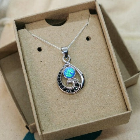 Ocean Wave Pendant Necklace with Blue Opal
