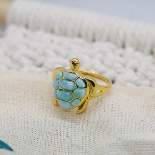 Golden Turtle Ring with Larimar
