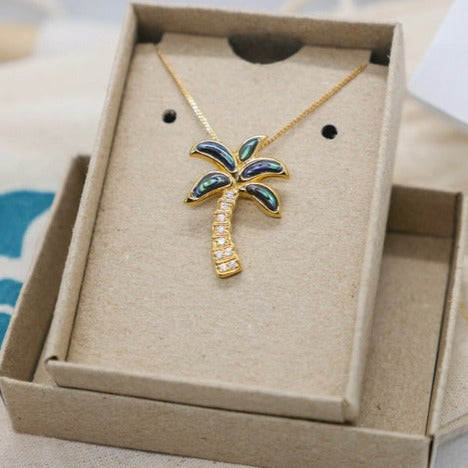 Golden Palm Tree Necklace with Abalone Shell