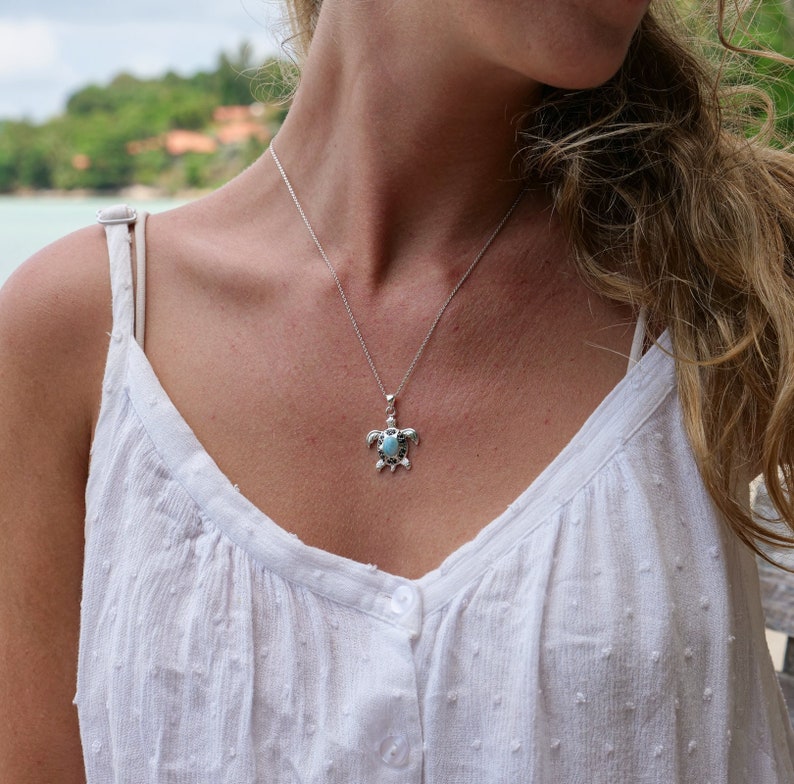 Sea Turtle Pendant Necklace with Larimar and Black Spinel