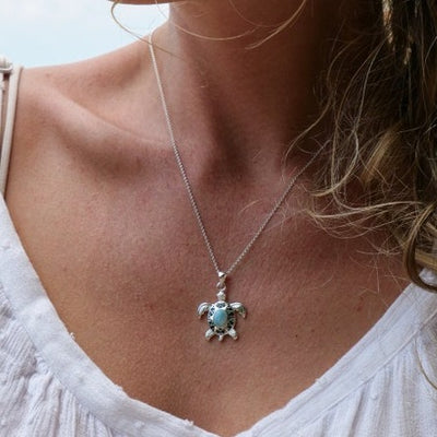 Sea Turtle Pendant Necklace with Larimar and Black Spinel