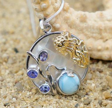 Jellyfish Pendant Necklace with Larimar, Tanzanite and Mother of Pearl Mosaic