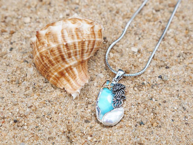 Jellyfish Pendant with Larimar and Fresh Water Pearl - Only One Piece Created