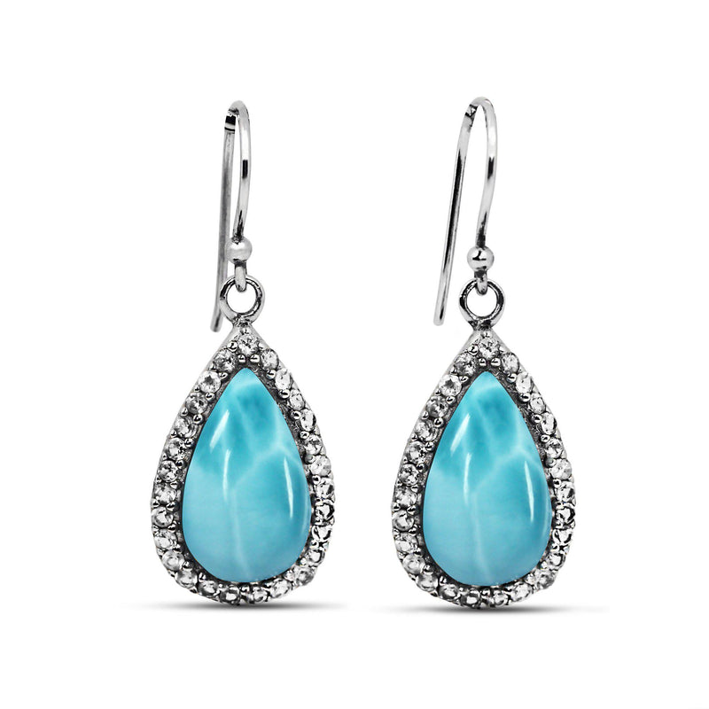 Larimar Drop Earrings with 27 Round Shape White Topaz Stones