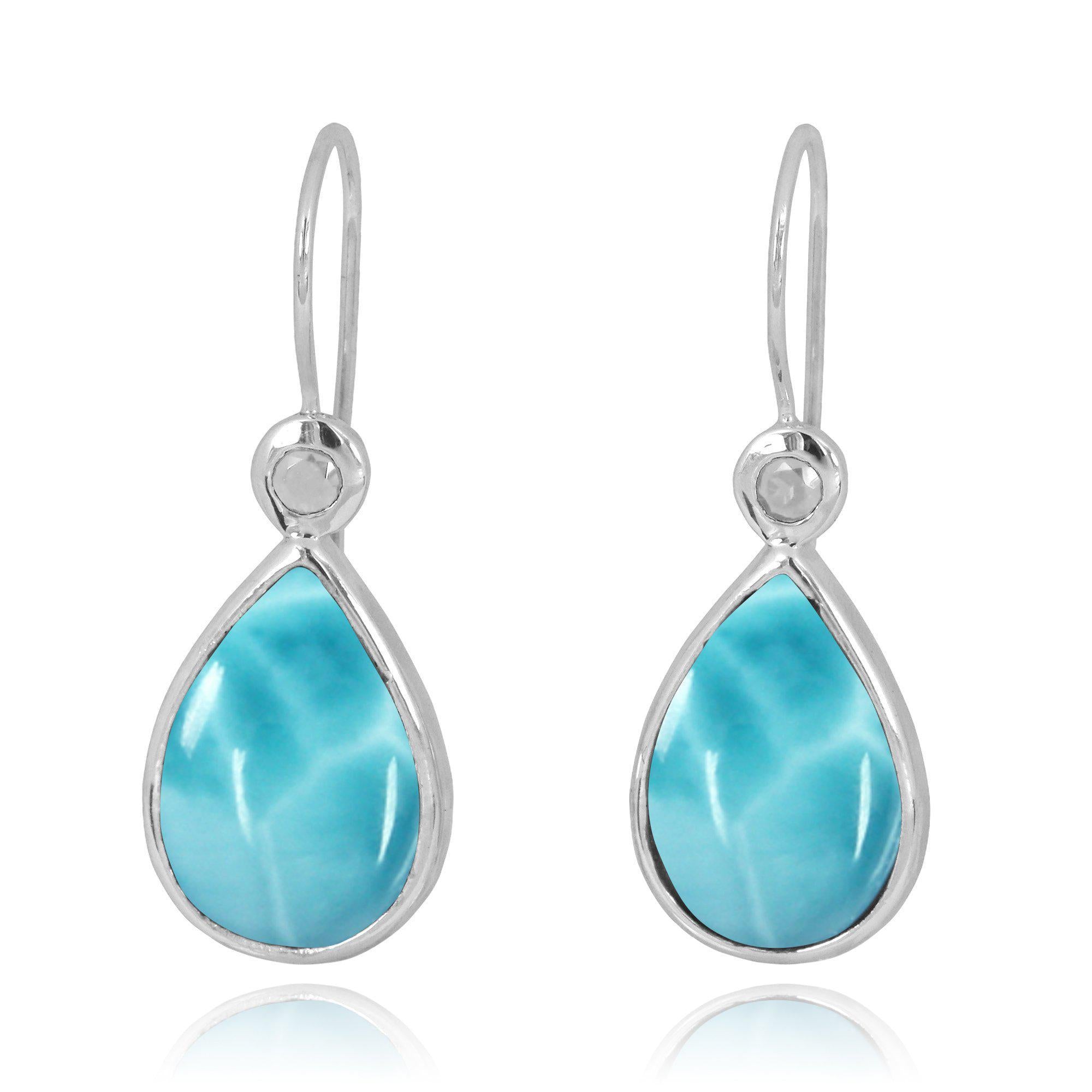 Larimar French Wire Earrings with 1 0 Shape White Topaz Stone