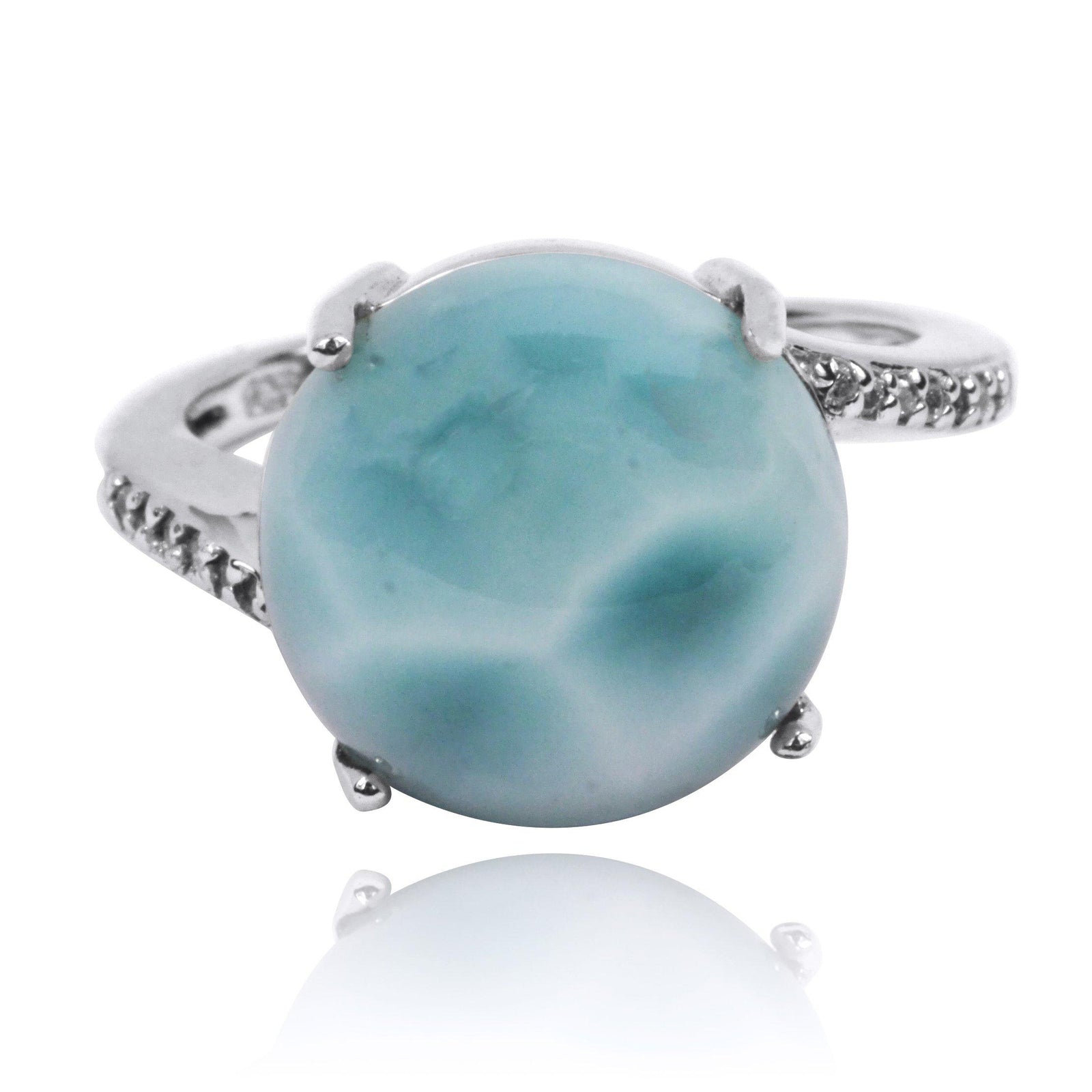 Larimar Gemstone Ring with 14 Round Shape White CZ Stones