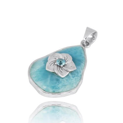 Larimar Pendant Necklace with Sterling Silver Hibiscus Flower and Swiss Blue Topaz