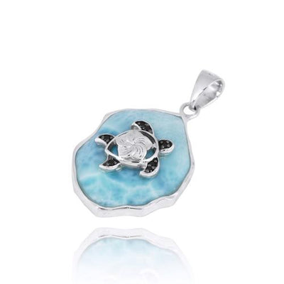 Larimar Pendant Necklace with Sterling Silver Turtle and Black Spinel