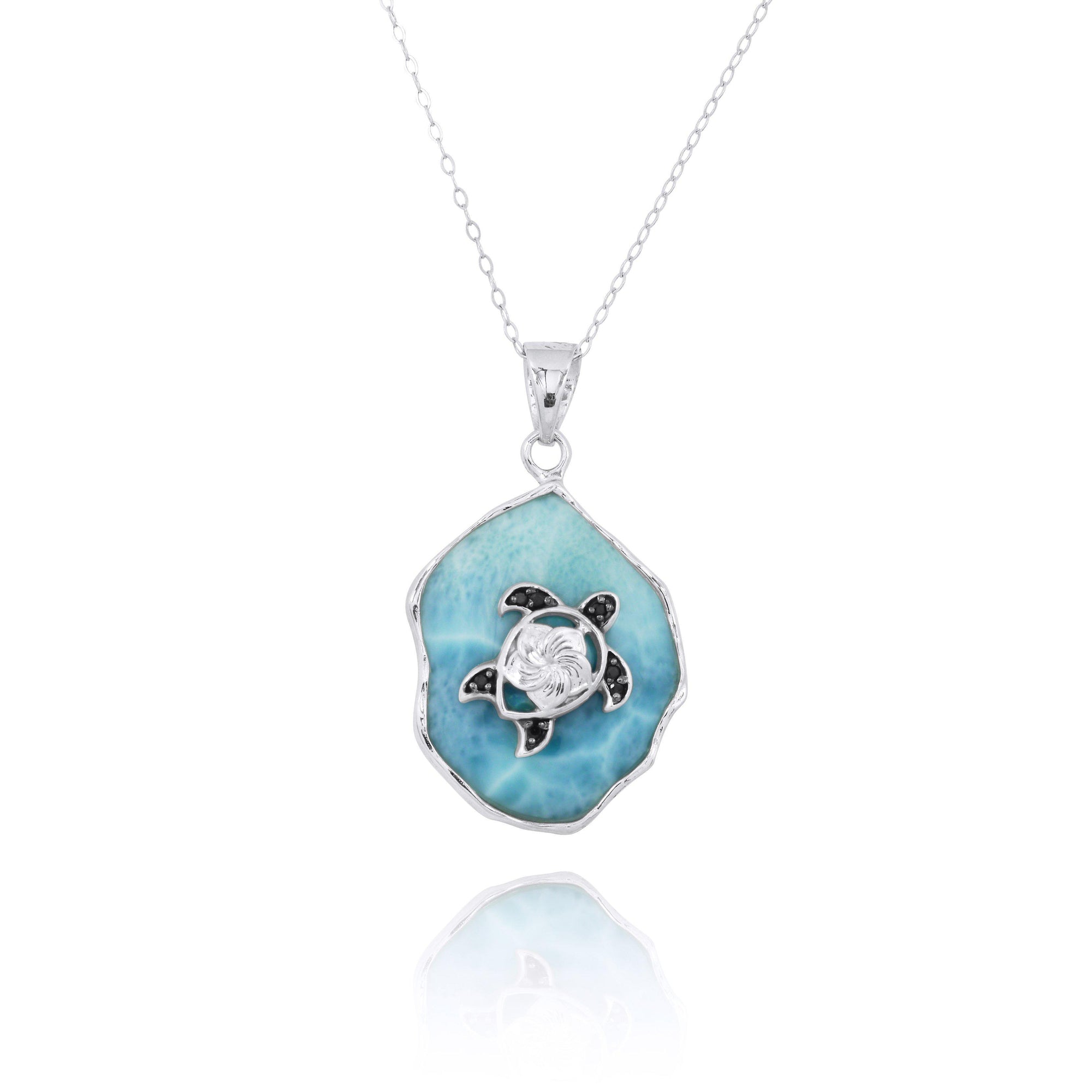 Larimar Pendant Necklace with Sterling Silver Turtle and Black Spinel