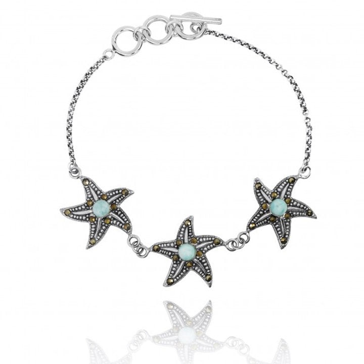Triple Starfish with Larimar and Marcasite Sterling Silver Bracelet