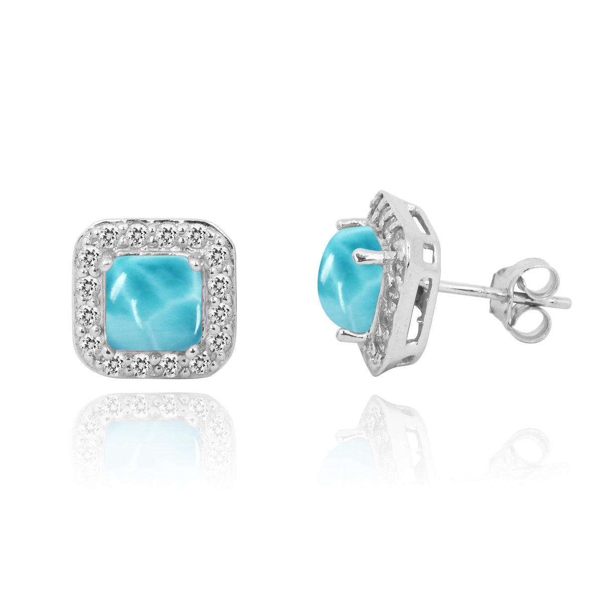 Larimar Stud Earrings with 32 Round Shape White Topaz Stones