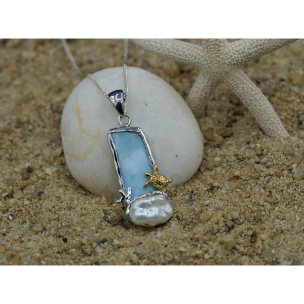 Little Sea Turtle with Larimar and Pearl Beach Pendant - Only One Piece Created