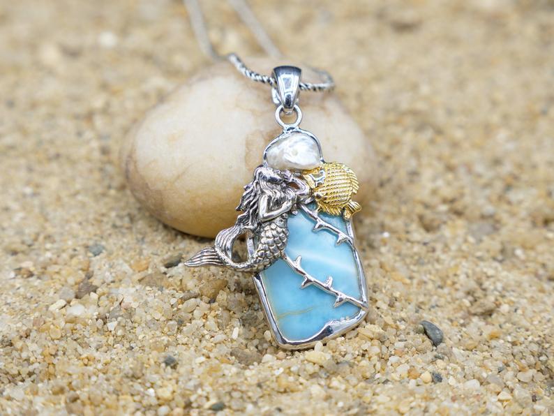 Mermaid and Fish Pendant with Larimar and White Pearl