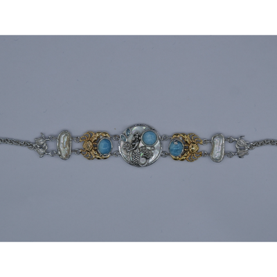 Mermaid, Crabs and Turtles Bracelet with Larimar and Pearls - Only One Piece Created