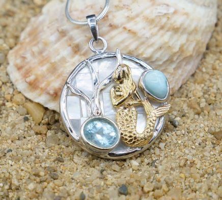 Mermaid Pendant Necklace with Larimar, Blue Topaz and Mother of Pearl Mosaic