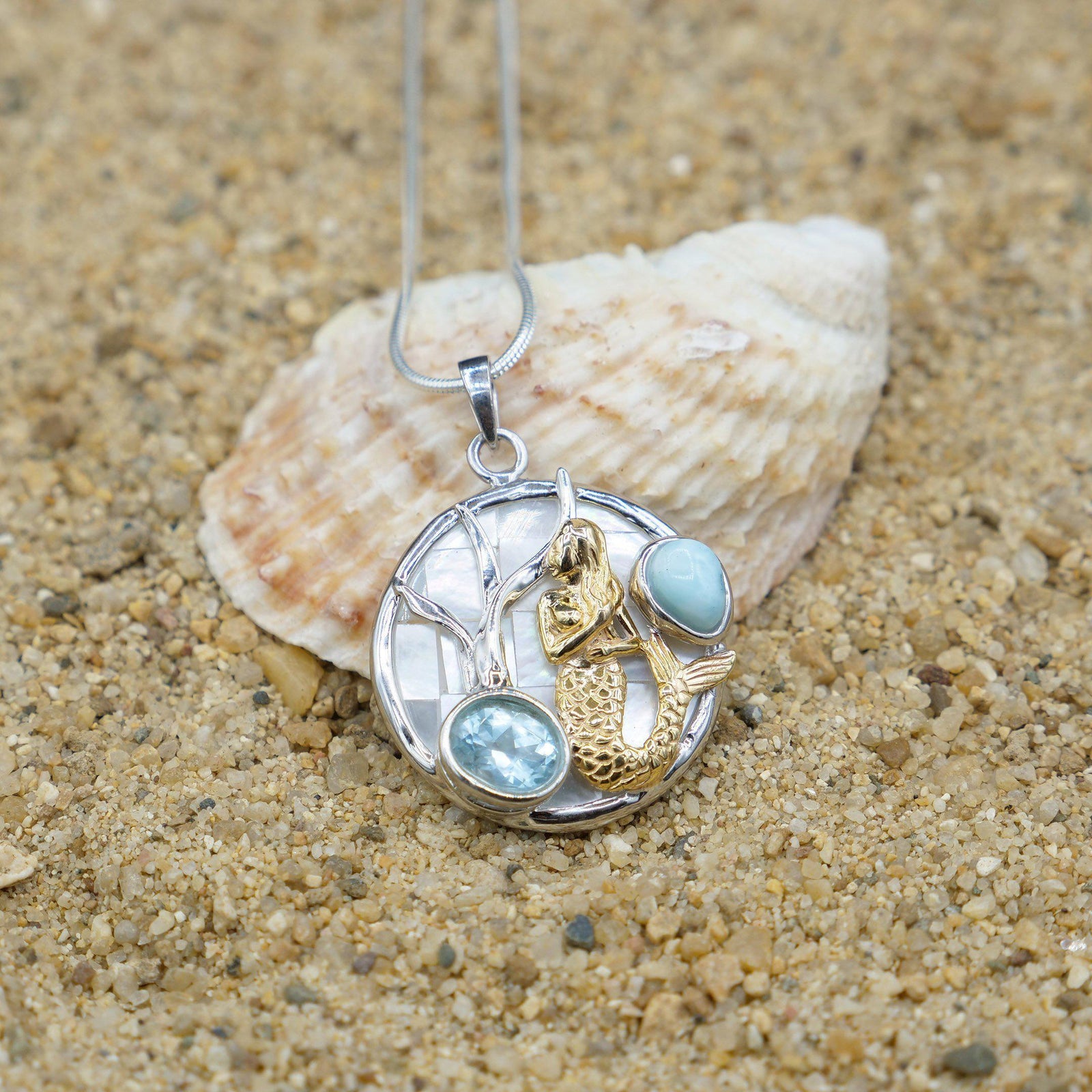 Mermaid Pendant Necklace with Larimar, Blue Topaz and Mother of Pearl Mosaic