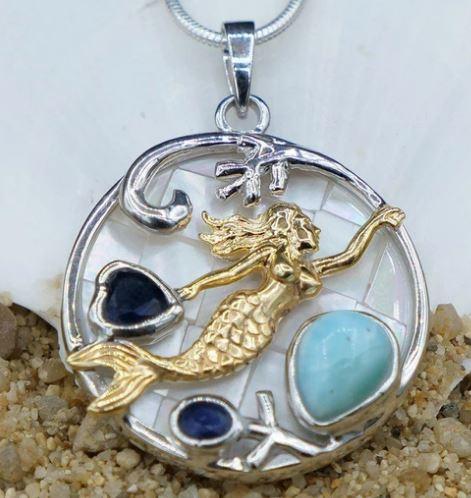 Mermaid Necklace with Larimar, Lapis Lazuli and Mother of Pearl