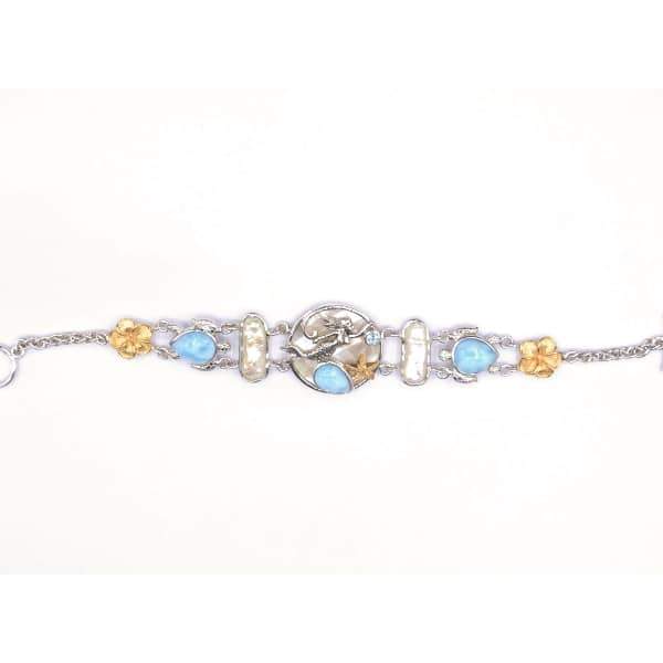 Mermaid, Sea Turtles and Hibiscus Flowers Bracelet with Larimar, Blue Topaz, Mother of Pearl and Fresh Water Pearls - Only One Piece Created