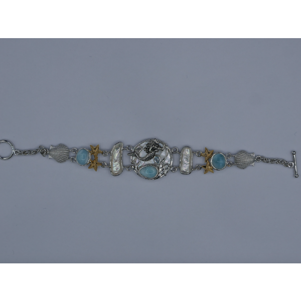 Mermaid, Starfish and Seashells Bracelet with Larimar and Pearls - Only One Piece Created