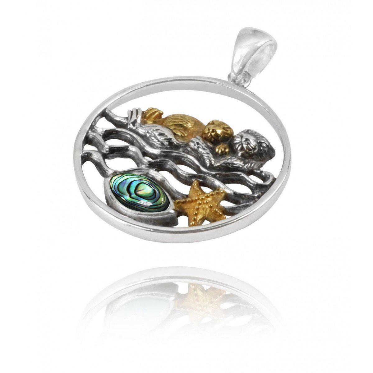 Mother Otter with Golden Baby Oxidized Silver Pendant Necklace with Marquise Abalone Shell and Gold Starfish