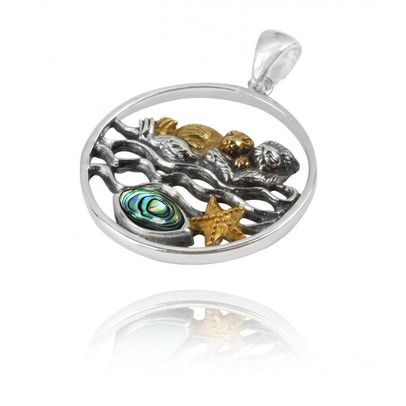 Mother Otter with Golden Baby Oxidized Silver Pendant Necklace with Marquise Abalone Shell and Gold Starfish