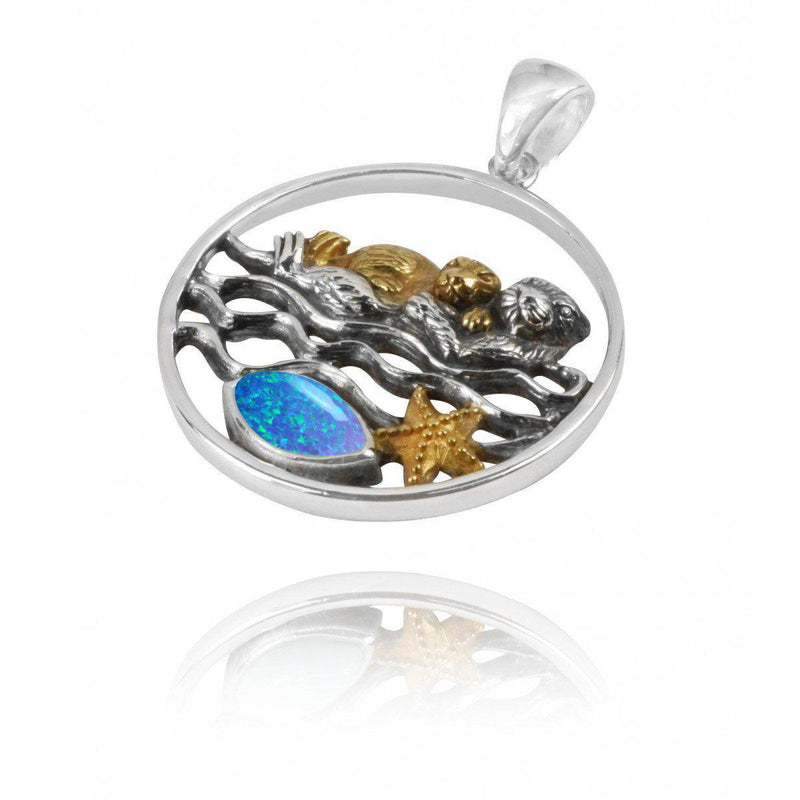 Mother Otter with Golden Baby Oxidized Silver Pendant Necklace with Marquise Blue Opal and Gold Starfish