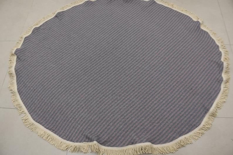 Navy Blue, Pink and Gray 100% Cotton Round Beach Towel