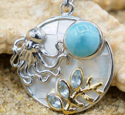 Octopus Pendant Necklace with Larimar. Blue Topaz and Mother of Pearl Mosaic