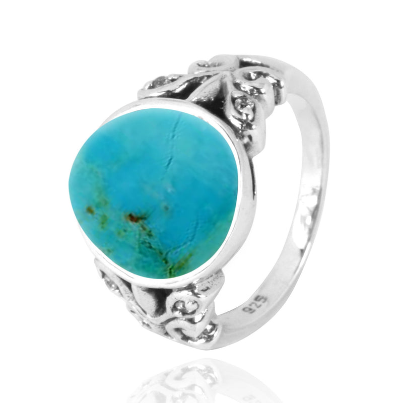 Oval Compressed Turquoise Oxidized Silver Ring with Butterflies
