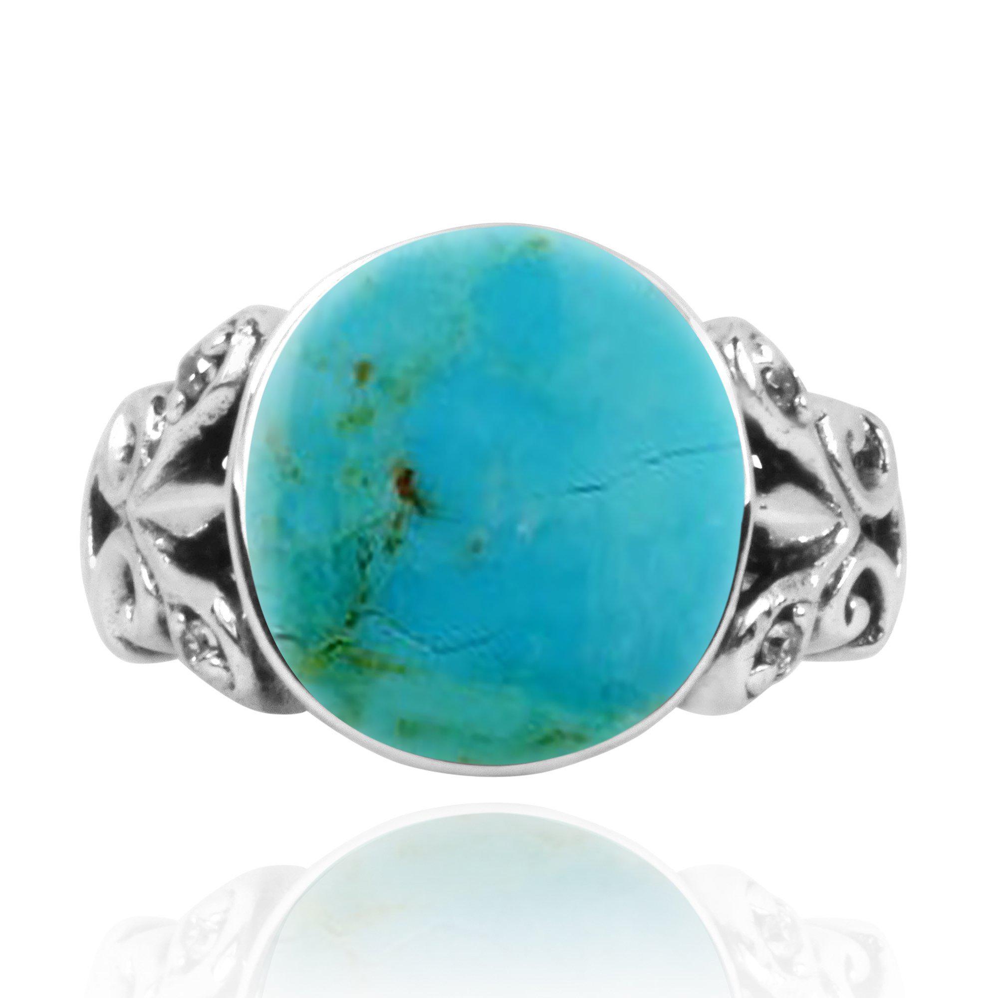 Oval Compressed Turquoise Oxidized Silver Ring with Butterflies