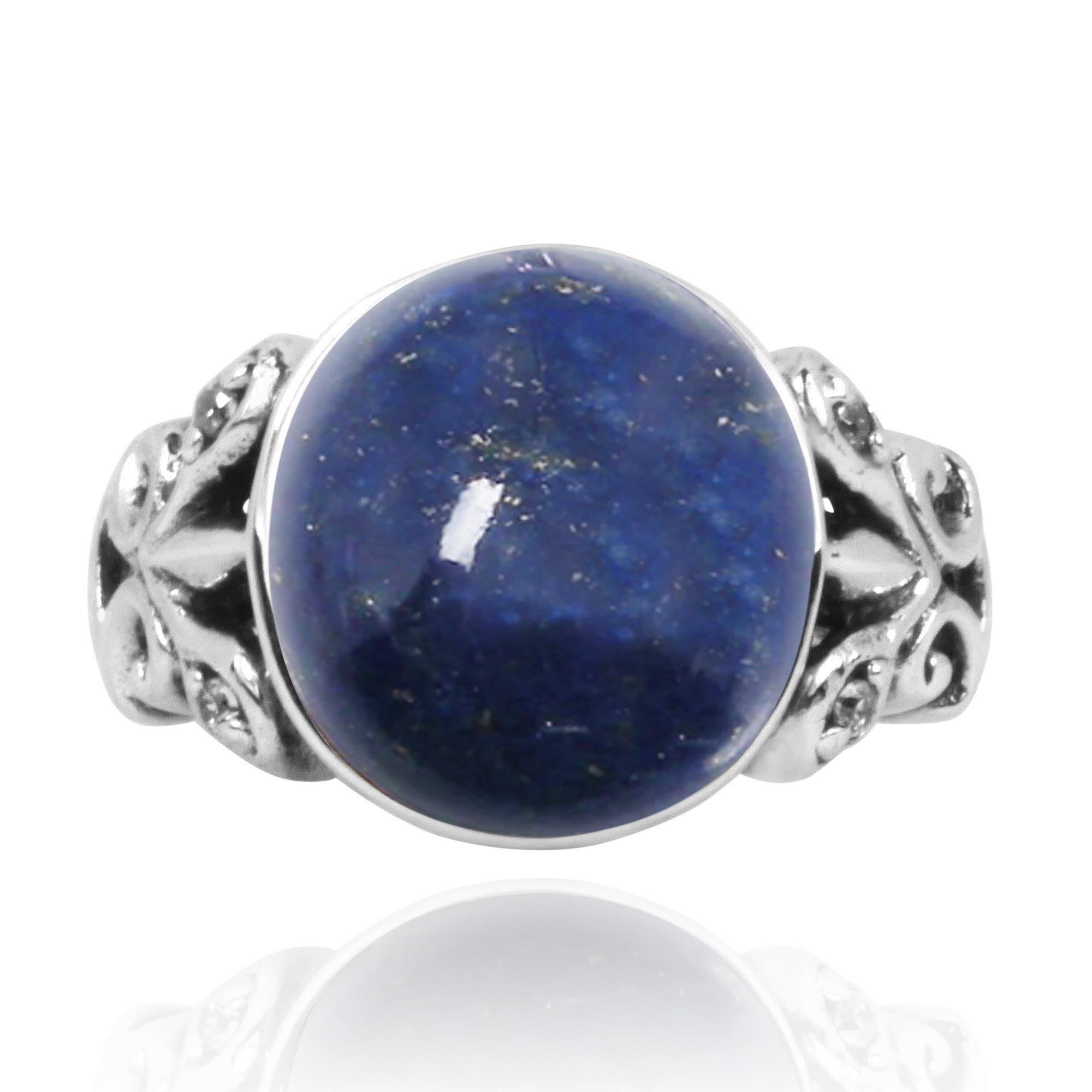 Oval Lapis Oxidized Silver Ring with Butterflies and White CZ with 4 Round Shape White CZ Stones