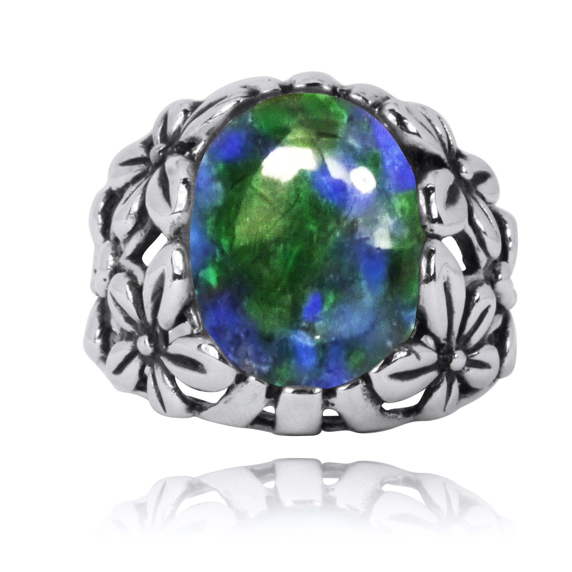 Oxidized Silver Floral Ring with Azurite Malachite