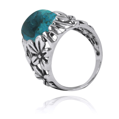 Oxidized Silver Floral Ring with Compressed Turquoise