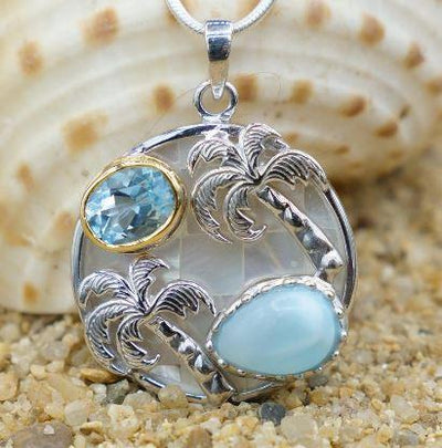 Palm Tree Pendant Necklace with Larimar, Swiss Blue Topaz and Mother of Pearl Mosaic