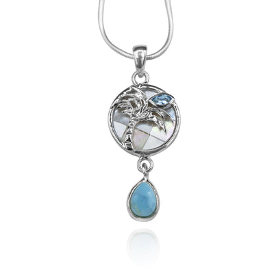Palm Tree Pendant Necklace with Swiss Blue Topaz, Mother of Pearl Mosaic and Larimar Stone