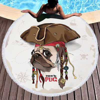 Pirate Pug Round Beach Towel