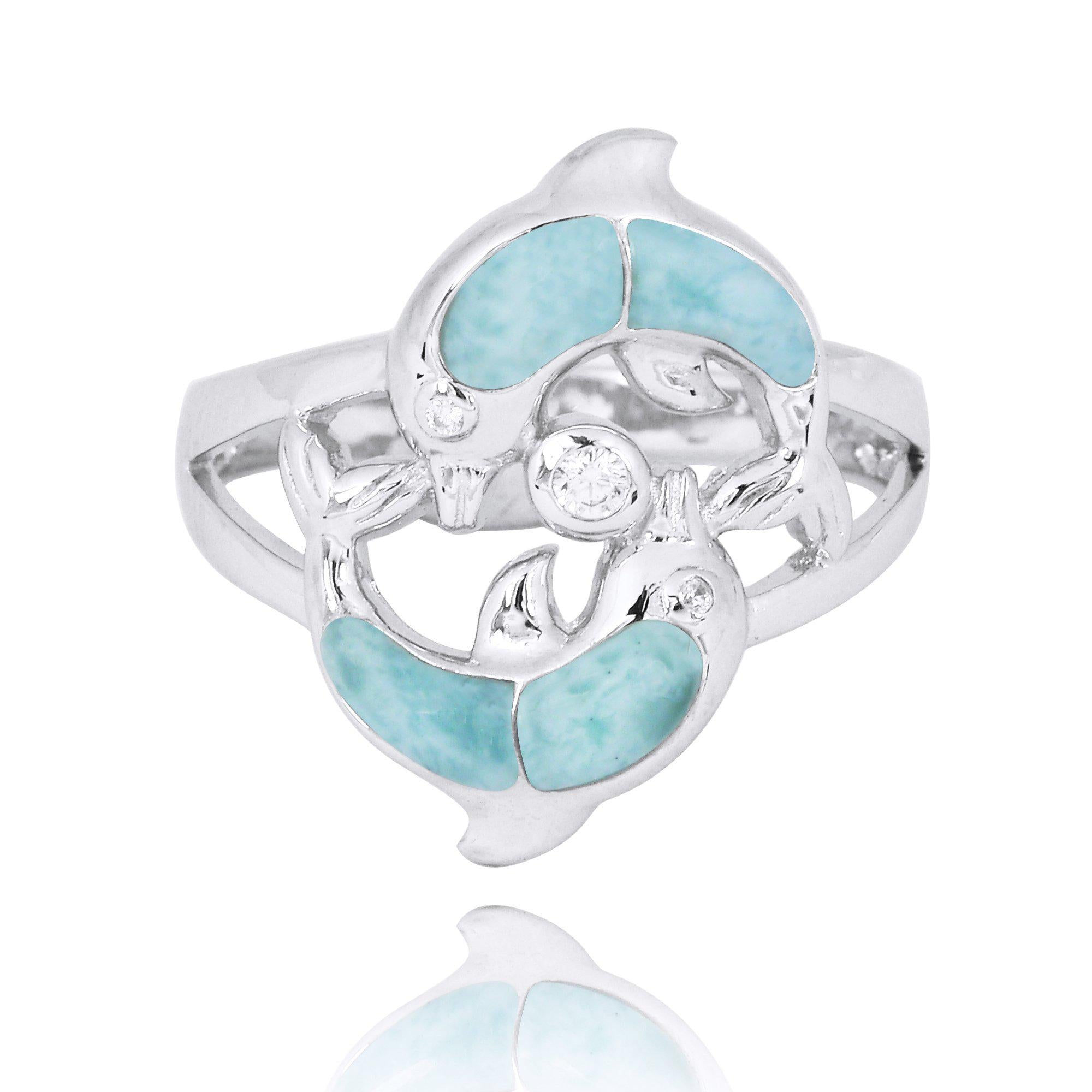 Twin Dolphins Ring with Larimar and White CZ
