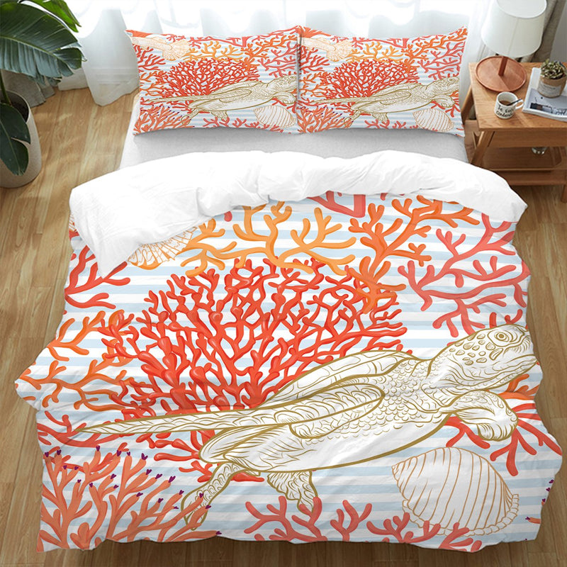 Red Coral Sea Turtle Bedding Set