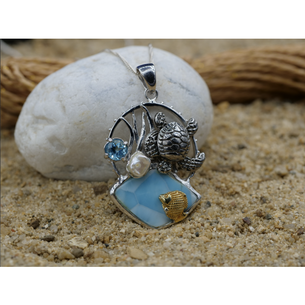 Sea Turtle and Fish with Larimar, Blue Topaz and Pearl Beach Pendant - Only One Piece Created