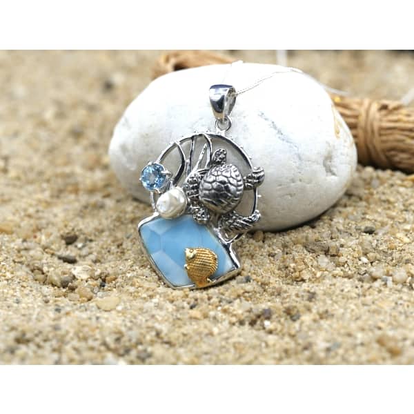 Sea Turtle and Fish with Larimar, Blue Topaz and Pearl Beach Pendant - Only One Piece Created