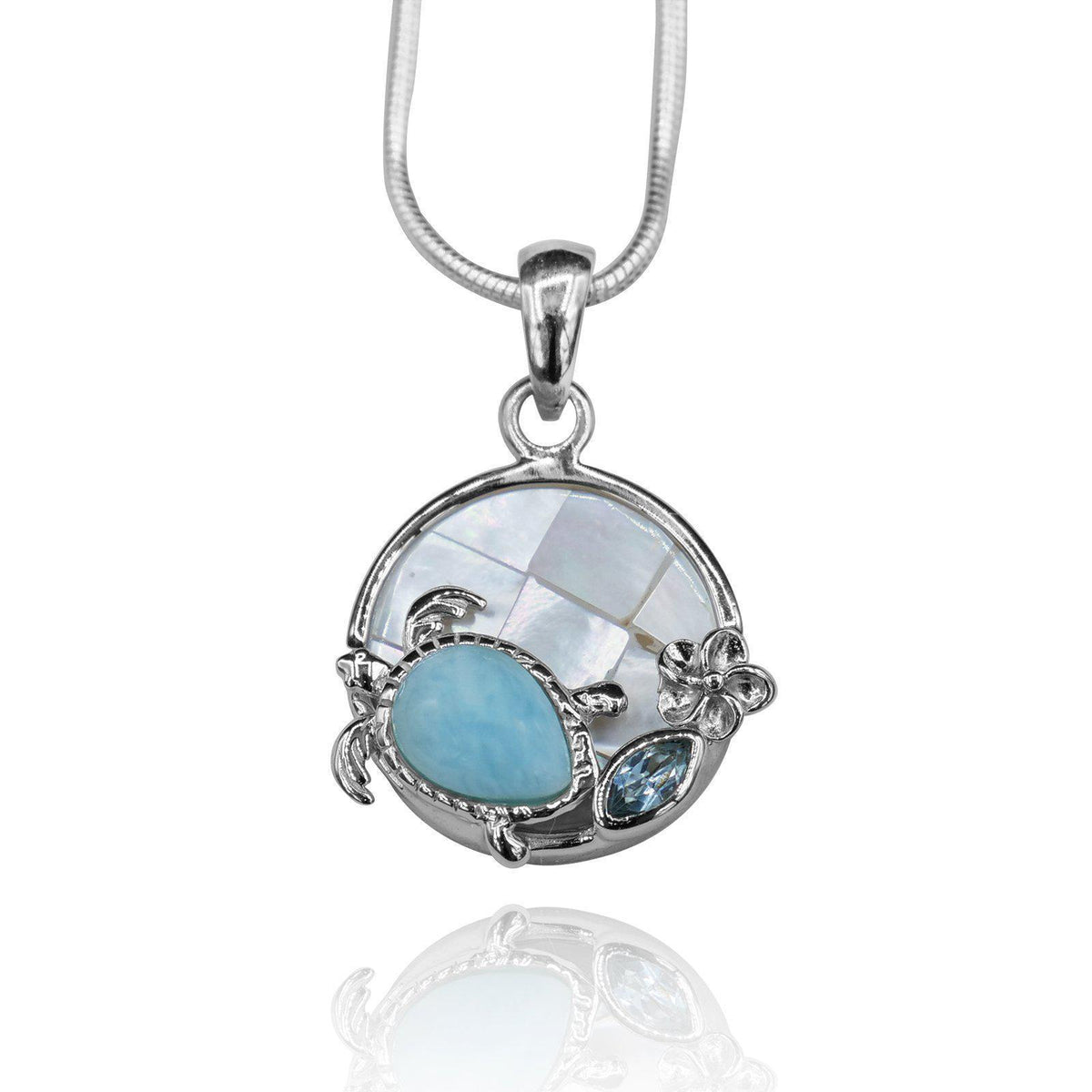 Sea Turtle and Hibiscus Necklace with Larimar Stone, Blue Topaz and Mother of Pearl