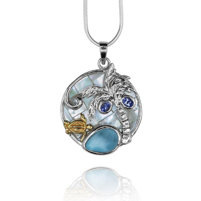 Sea Turtle and Palm Tree Necklace with Larimar, Blue Topaz and Mother of Pearl
